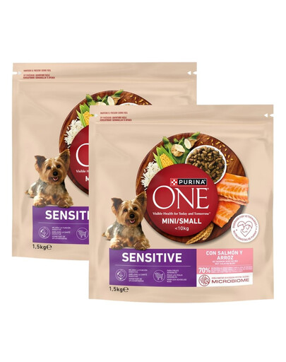 PURINA ONE Mini Small Sensitive Salmon and Rice 2x1,5 kg z łososiem i ryżem, sucha karma dla małych psów o wrażliwym układzie pokarmowym