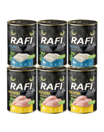 RAFI Cat Adult Mix smaków 6x400 g z dorszem i z kurczakiem, mokra karma dla kotów