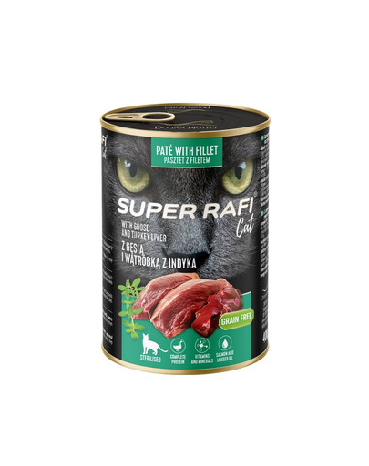 SUPER RAFI Cat z gęsią i wątróbką z indyka 400g mokra dla kotów sterylizowanych