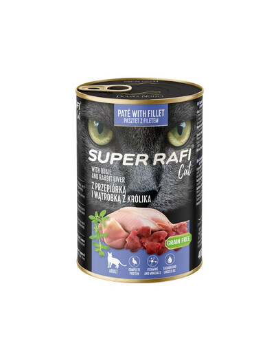 SUPER RAFI Cat z przepiórką i wątróbką z królika 400g mokra karma dla kota