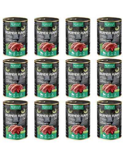 SUPER RAFI Cat z gęsią i wątróbką z indyka 12x400g mokra karma dla kotów sterylizowanych