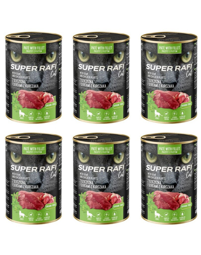 SUPER RAFI Cat z dziczyzną i sercami z kurczaka 6x400g mokra karma dla kota