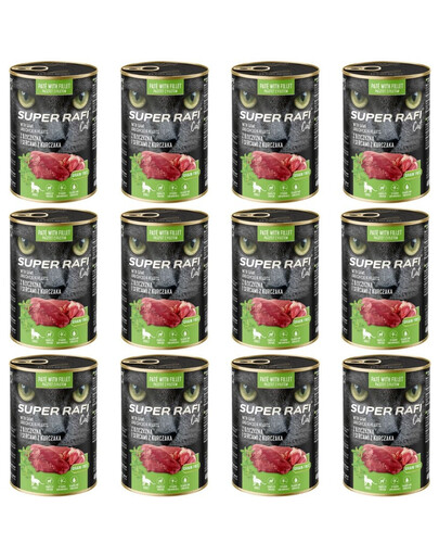 SUPER RAFI Cat z dziczyzną i sercami z kurczaka 12x400g mokra karma dla kota
