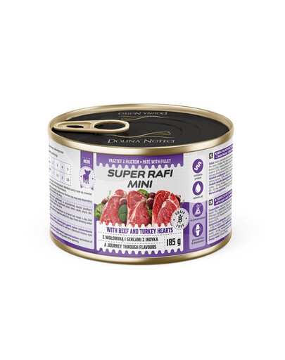 SUPER RAFI Mini z wołowiną i sercami z indyka 185g mokra karma dla psów małych ras