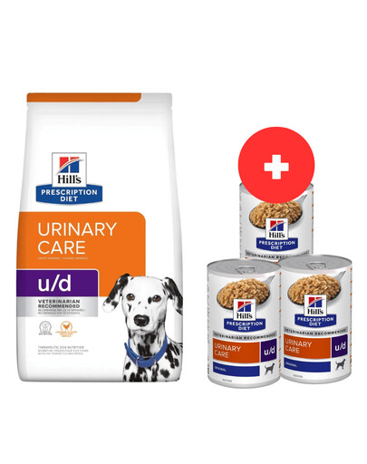 HILL'S Prescription Diet Canine U/D Urinary Care 10 kg dla psów z wrażliwym układem moczowym + 3 x 370g karmy dla psów GRATIS
