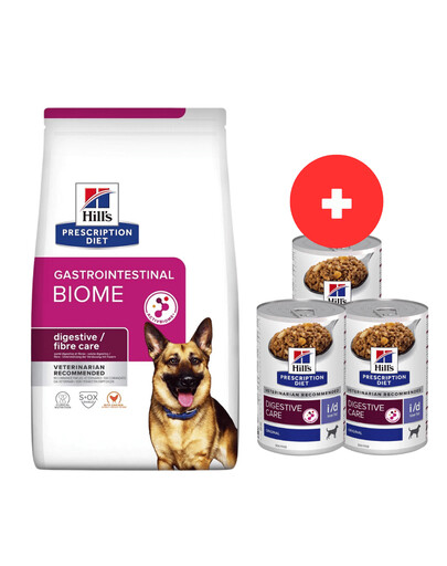 HILL'S Prescription Diet Canine GI Biome 10 kg karma dla psów z chorobami układu pokarmowego + 3 x 360g karma dla psów GRATIS