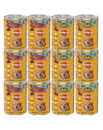 PEDIGREE Adult Mix smaków 400 g dla psów z 3 rodzajami: wołowiną, jagnięciną i kurczakiem i 3 rodzajami drobiu, w musie