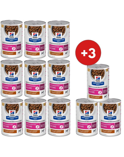 HILL'S Prescription Diet Canine Gastrointestinal Biome Digestive Care Stew z kurczakiem i marchewką 9x354 g + 3 puszki GRATIS!