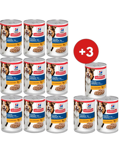 HILL'S Science Plan Canine Mature Adult Chicken 9x370 g dla starszych psów z kurczakiem + 3 puszki GRATIS!