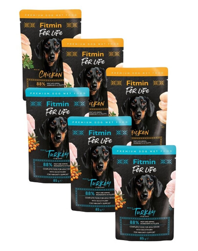 FITMIN For Life Dog Adult Mix smaków 6x85 g kurczak z ziołami i indyk z rokitnikiem w sosie