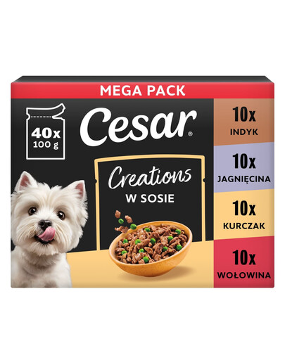 CESAR Creations Mix Smaków (wołowina, kurczak, jagnięcina, indyk) 40 x 100g mokra karma dla dorosłych psów