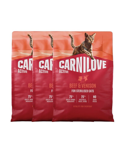 CARNILOVE Active Cat Beef and Venison Sterilised 3x2 kg wołowina i dziczyzna, dla kotów sterylizowanych