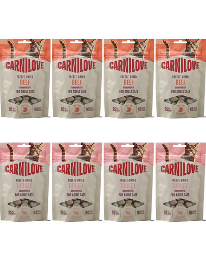 CARNILOVE Freeze-Dried Snack Cat Mix Turkey and Beef 8x40 g liofilizowane przysmaki dla kotów, mix smaków indyk oraz wołowina