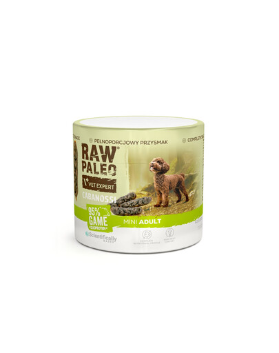 RAW PALEO Cabanossi Game Mini 100g dziczyzna, półwilgotna pełnoporcjowa karma w formie kiełbasek dla psów