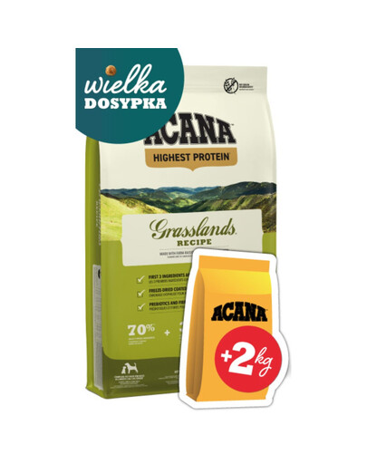 ACANA Grasslands Dog 11,4 kg + ACANA Grass-Fed Lamb Jagnięcina 2 kg GRATIS sucha karma dla psa