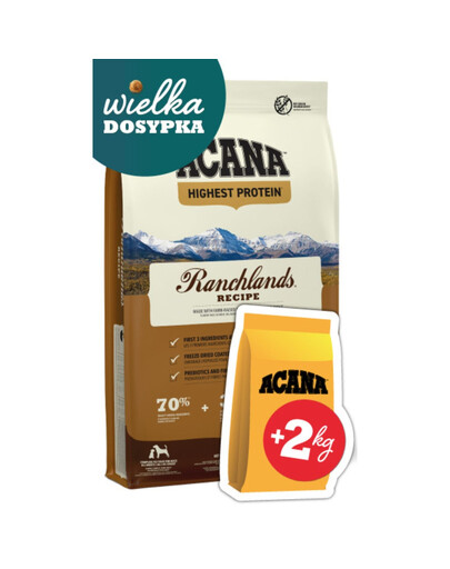 ACANA Highest Protein Ranchlands Dog 11,4 kg + 2kg GRATIS! sucha karma dla psa