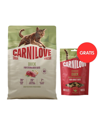 CARNILOVE True Fresh Cat Duck Sterilised 2 kg dla kotów po sterylizacji + CARNILOVE Crunchy Snack Cat Duck 50 g GRATIS
