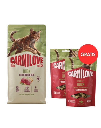 CARNILOVE True Fresh Cat Duck Sterilised 6 kg dla kotów po sterylizacji + CARNILOVE Crunchy Snack Cat Duck 2x50 g GRATIS