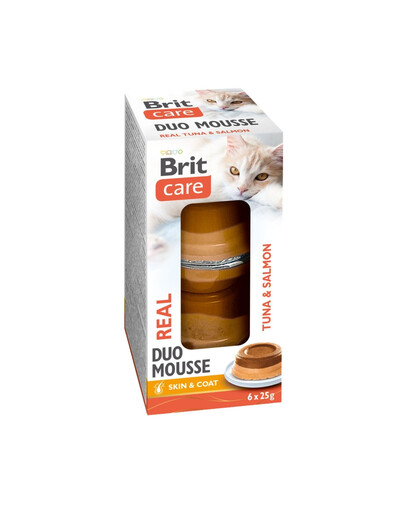 Wilgotna karma uzupełniająca dla kotów w formie delikatnego, dwuwarstwowego musu z tuńczykiem i łososiem.  BRIT Care Cat Double Layer Mousse Real Tuna with Salmon łączy dwa cenione przez koty smaki – tuńczyka i łososia. Lekka, puszysta konsystencja oraz dwuwarstwowa struktura sprawiają, że mus jest łatwy do spożycia i atrakcyjny także dla bardziej wybrednych kotów.  Dodatek oleju z tuńczyka i oleju słonecznikowego dostarcza cennych kwasów tłuszczowych, które wspierają prawidłową kondycję skóry i sierści. Wysoka zawartość wilgoci pomaga dodatkowo wspierać codzienne nawodnienie organizmu.  Najważniejsze cechy:  połączenie tuńczyka i łososia  dwuwarstwowa, kremowa konsystencja  wysoka smakowitość  wspiera kondycję skóry i sierści  wysoka zawartość wilgoci  karma uzupełniająca dla kotów  praktyczne porcje 6 x 25 g