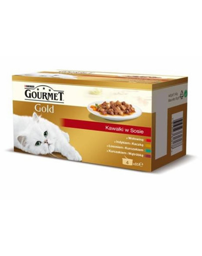 GOURMET GOURMET GOLD - jautienos; kalakutienos ir antienos; vištienos ir inkstų; lašišos ir vištienos gabaliukai padaže 4x85 g