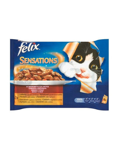 Felix Sensations 4x100 g: 2x su jautiena drebučiuose ir pomidorais; 2x su vištiena drebučiuose ir morkomis