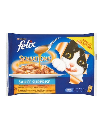Felix Sensations Sauce Surprise 4x100 g: 2x su jūrine lašiša; 2x su sardinėmis ir morkomis