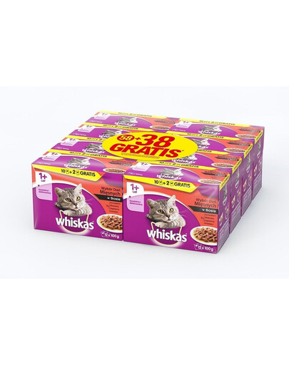 WHISKAS 4 rūšių konservai 100g 58+38 GRATIS