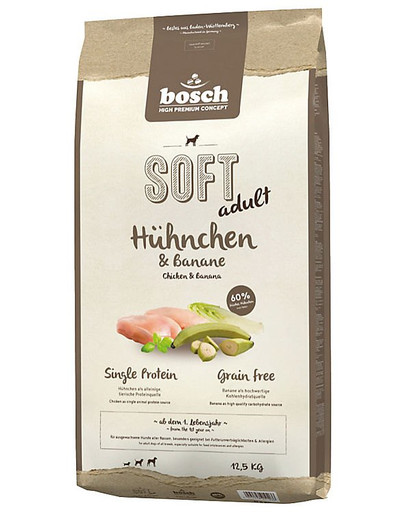 Bosch Soft  Kanalihaga ja  banaaniga 12,5 kg  Täielik kuivtoit täiskasvanud koertele, kellel on tundlik seedesüsteem ja toidutalumatus.