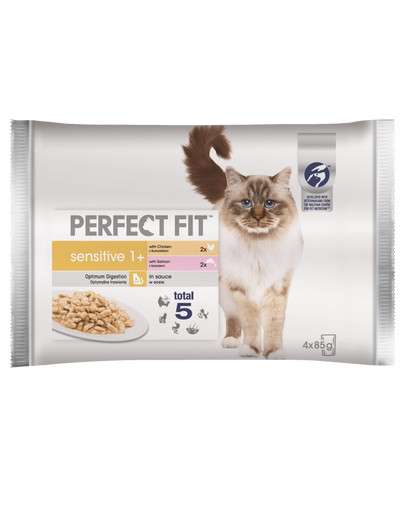 PERFECT FIT Sensitive 1+ Konservai šlapias kačių maistas vištiena ir lašiša 4*85 g
