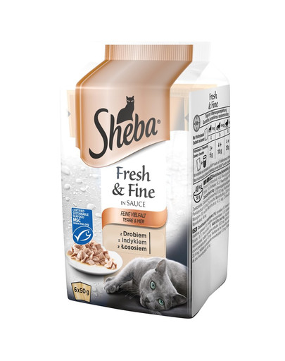 SHEBA pakendid 6x50g Fresh & Fine - märgtoit kassidele kastmes (linnuliha, kalkuniliha, lõhe)