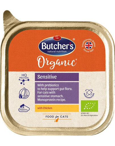 BUTCHER'S Organic Sensitive vištienos monoproteinų kačių maistas 85 g