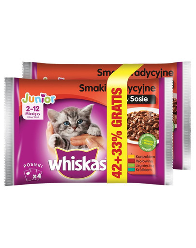 WHISKAS Junior pakėliai 4x100g Tradiciniai skoniai- šlapias kačių maistas padažu (vištiena, jautiena, ėriena, triušiena) 1 + 1 50%