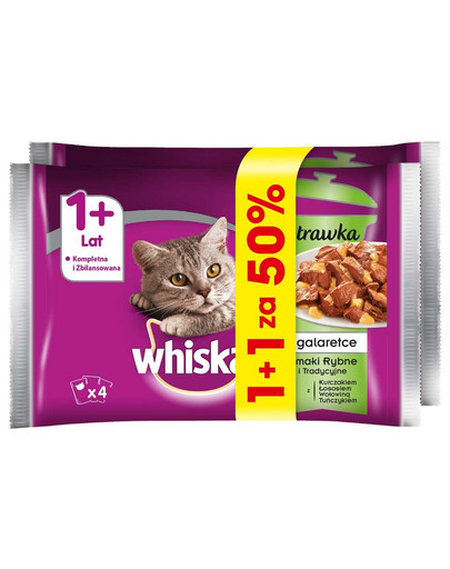 WHISKAS Adult Potrawka 4x85g žuvies skonio - šlapias maistas katėms želėje (vištienos, lašišos, jautienos, tuno) paketėliai 1+1 už 50%