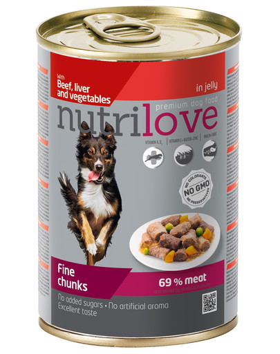 NUTRILOVE Premium veiseliha tükid, maksa ja köögiviljadega tarrendis koertele 415g