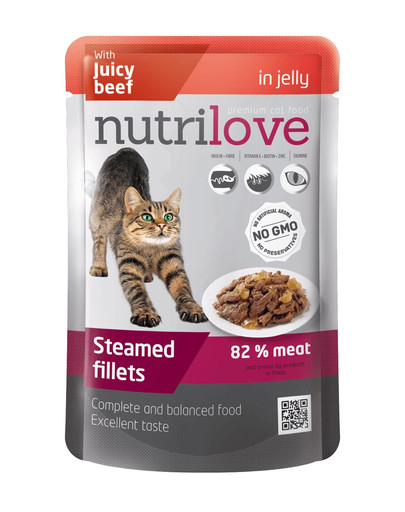 NUTRILOVE Premium mėsos gabaliukai su jautiena drebčiouse katėms 85g