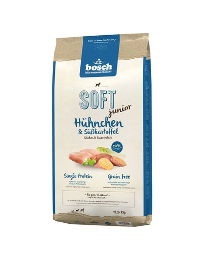 BOSCH Soft junior kanaliha ja maguskartul 12,5 kg + naturaalsed närimispulgad pardilihaga 7 tk.