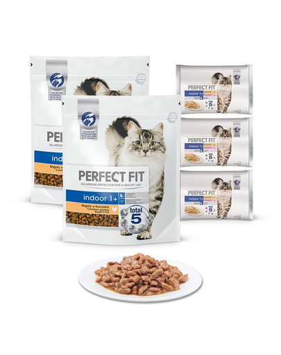 PERFECT FIT (Indoor 1+) 2 x 750g Turtinga vištiena - sausas maistas namuose gyvenančioms katėms + 12x85g paketėlis - šlapias maistas katėms padaže (su vištiena ir žirneliais, su lašiša ir morkomis)
